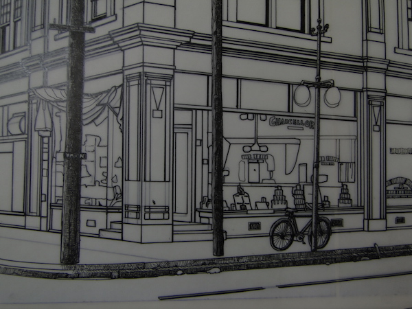 sketch of side of building with bike