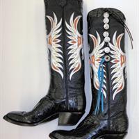 black cowboy boots with white and blue embroidered design