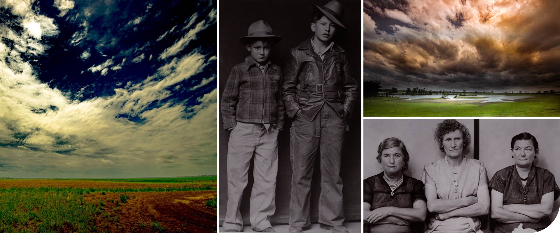A collage of images featured in two upcoming exhibits: one featuring landscape photos of the Delta in Arkansas and the other portraits of Arkansans from the early 20th century.