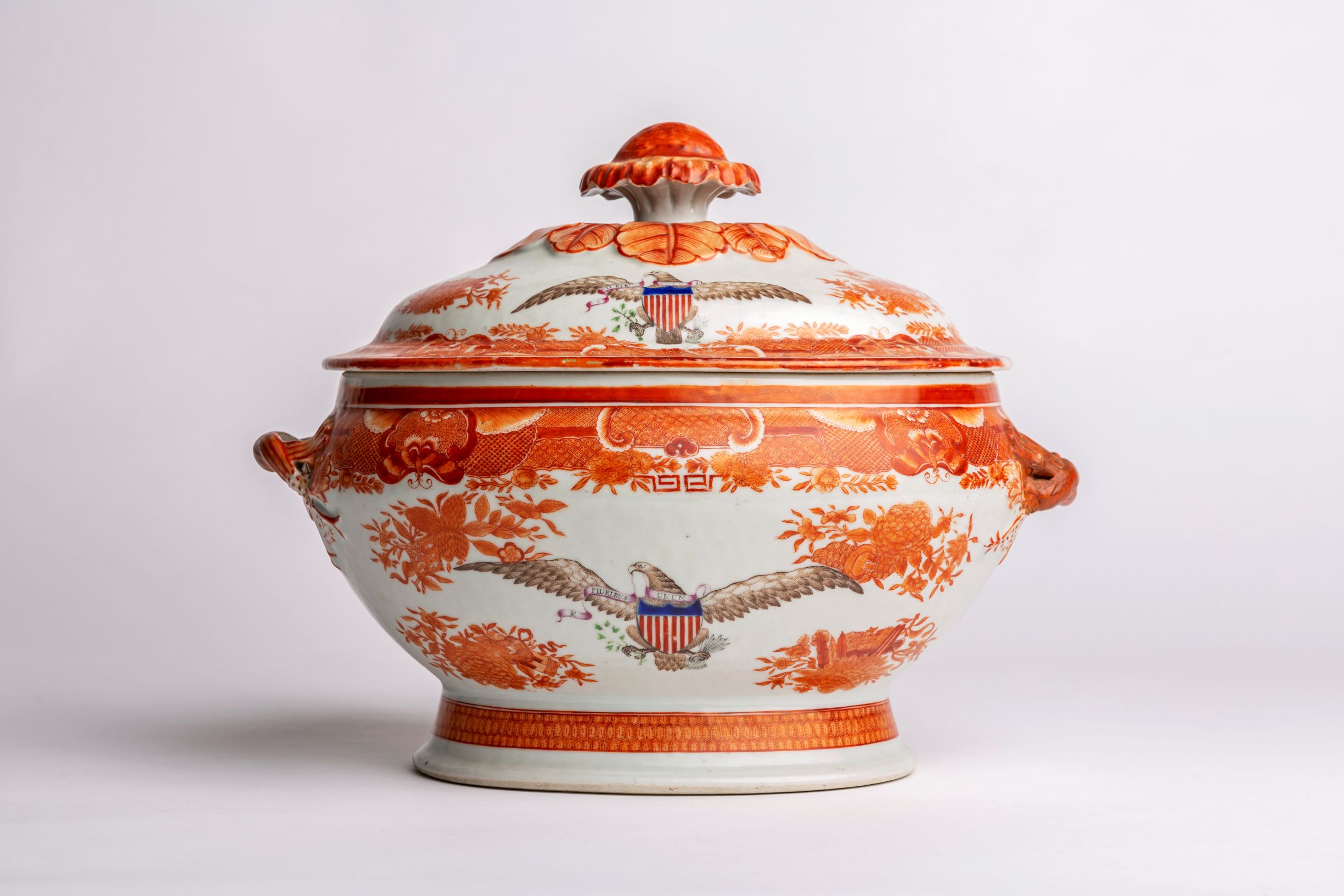 ceramic tureen dish with decorative orange detailing and eagle with patriotic shield