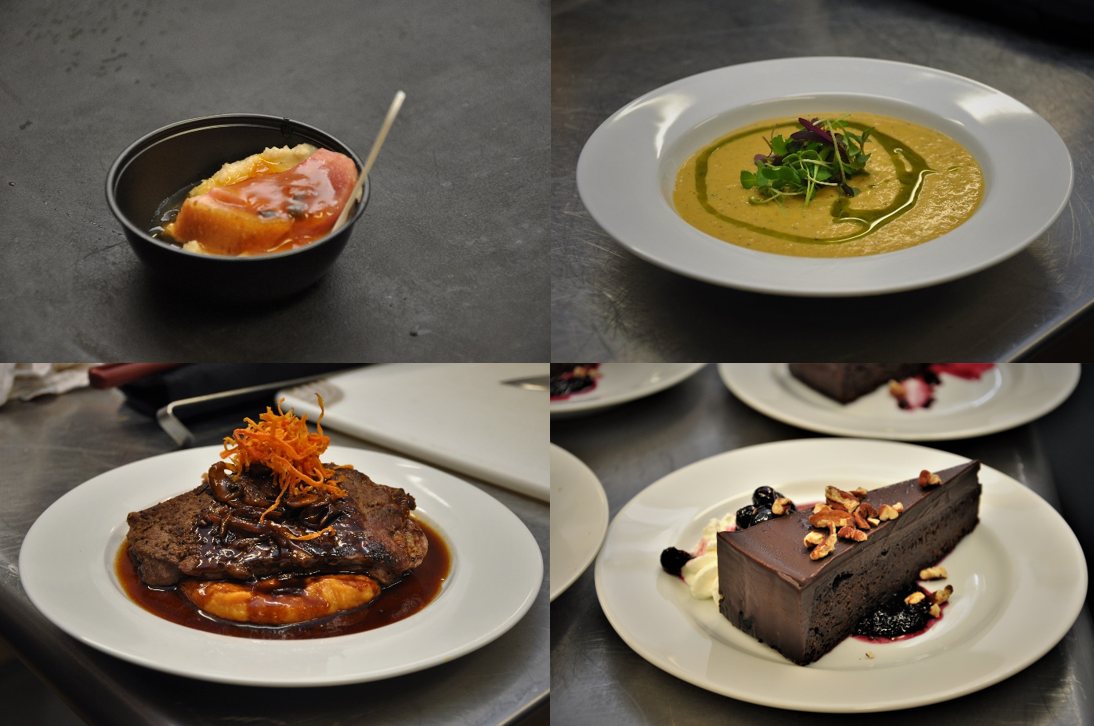 2x2 grid of food capture photos including meat, soup, and cake slice