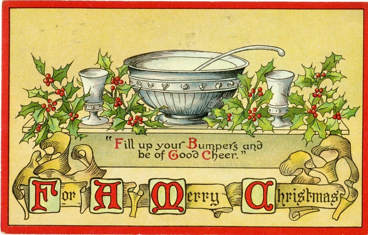 illustration of punch bowl with holly and decorative christmas verbiage