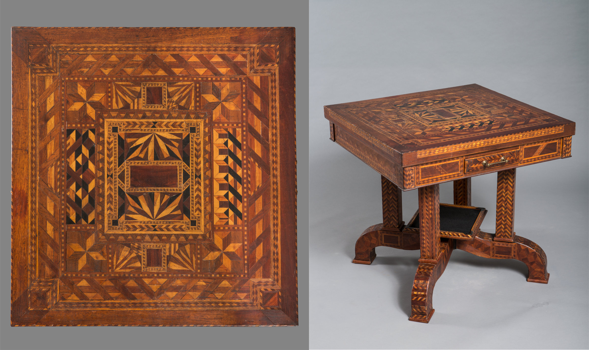 geometrically decorated wooden parquetry table overview and side view images