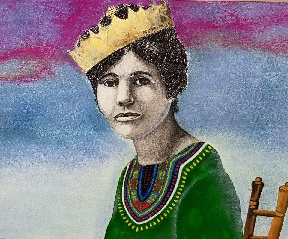 artistic drawing of person in green gown with golden crown