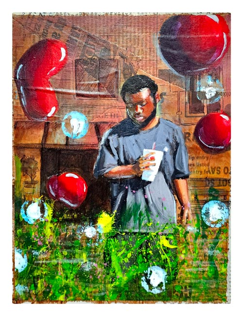 Painting on newspaper of a man with a fast food drink looking down at grass. He is surrounded by bubbles and red ballon shapes