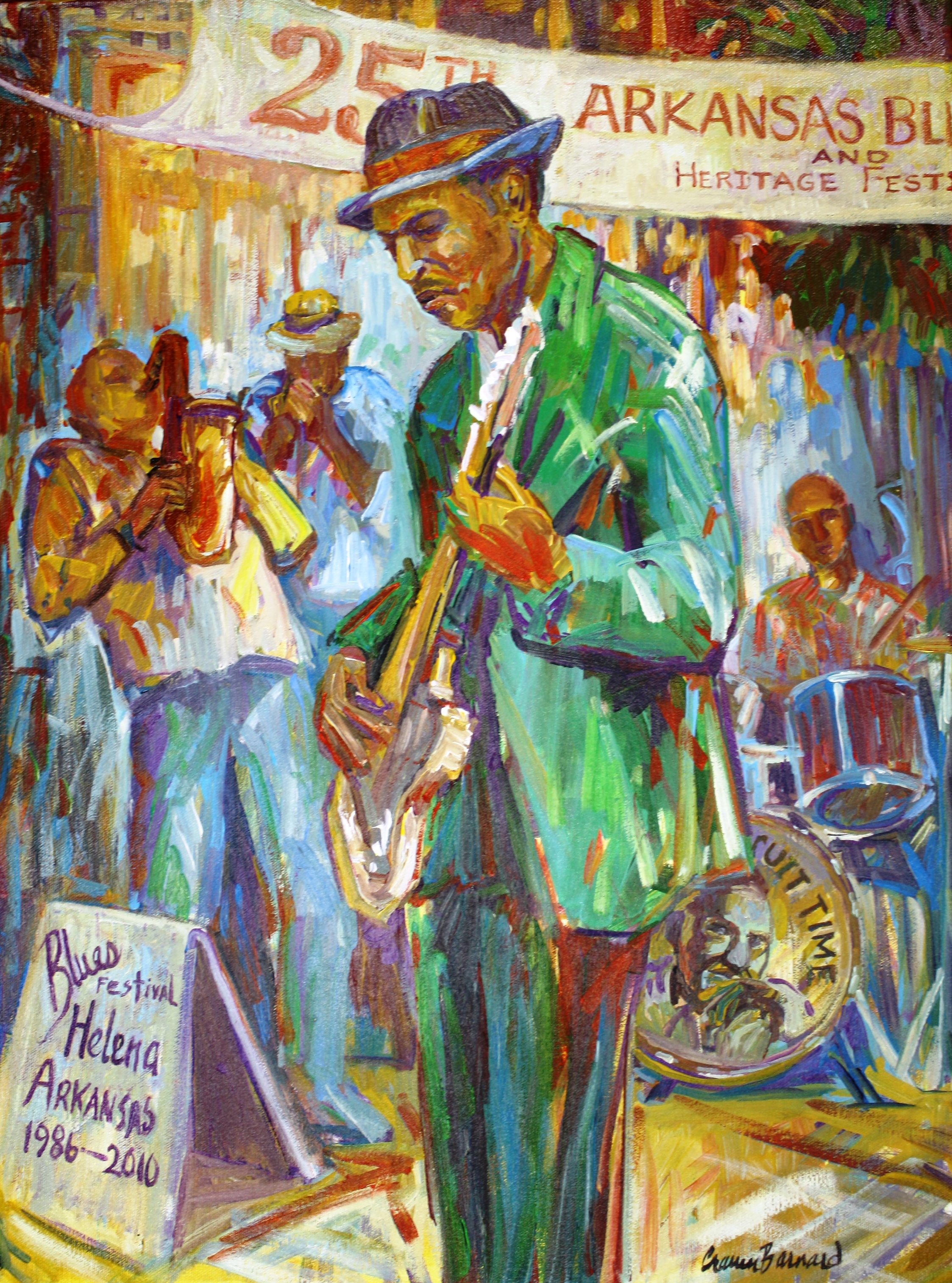 painting of man playing guitar on street