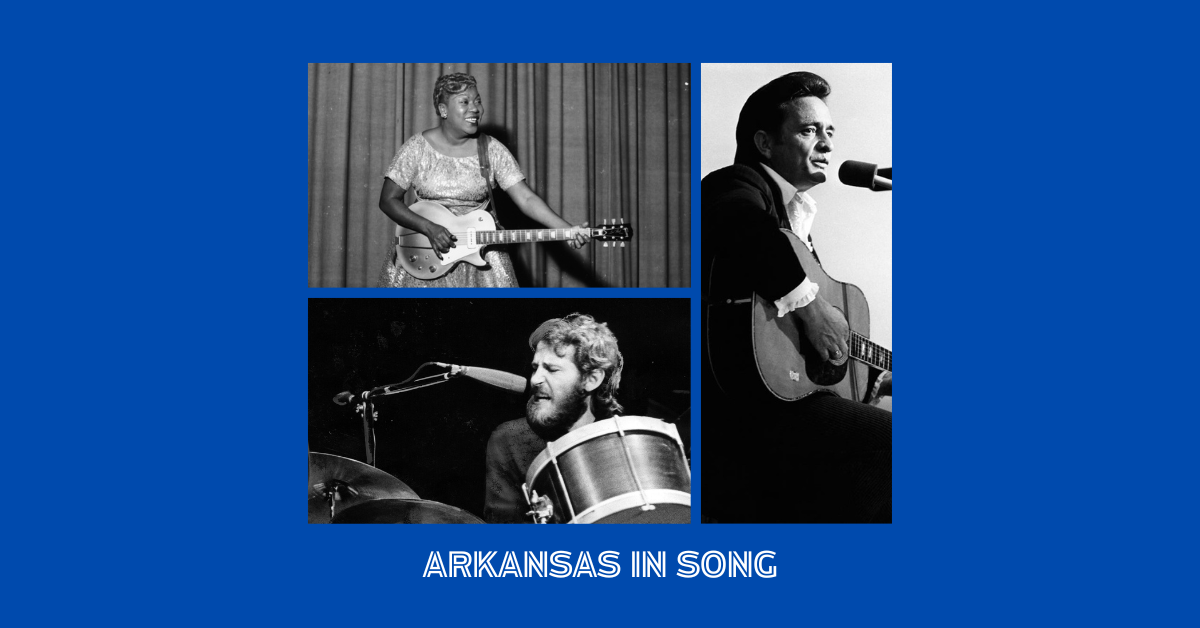 Graphic showing various artists from Arkansas playing music with "Arkansas in Song" text at the bottom.