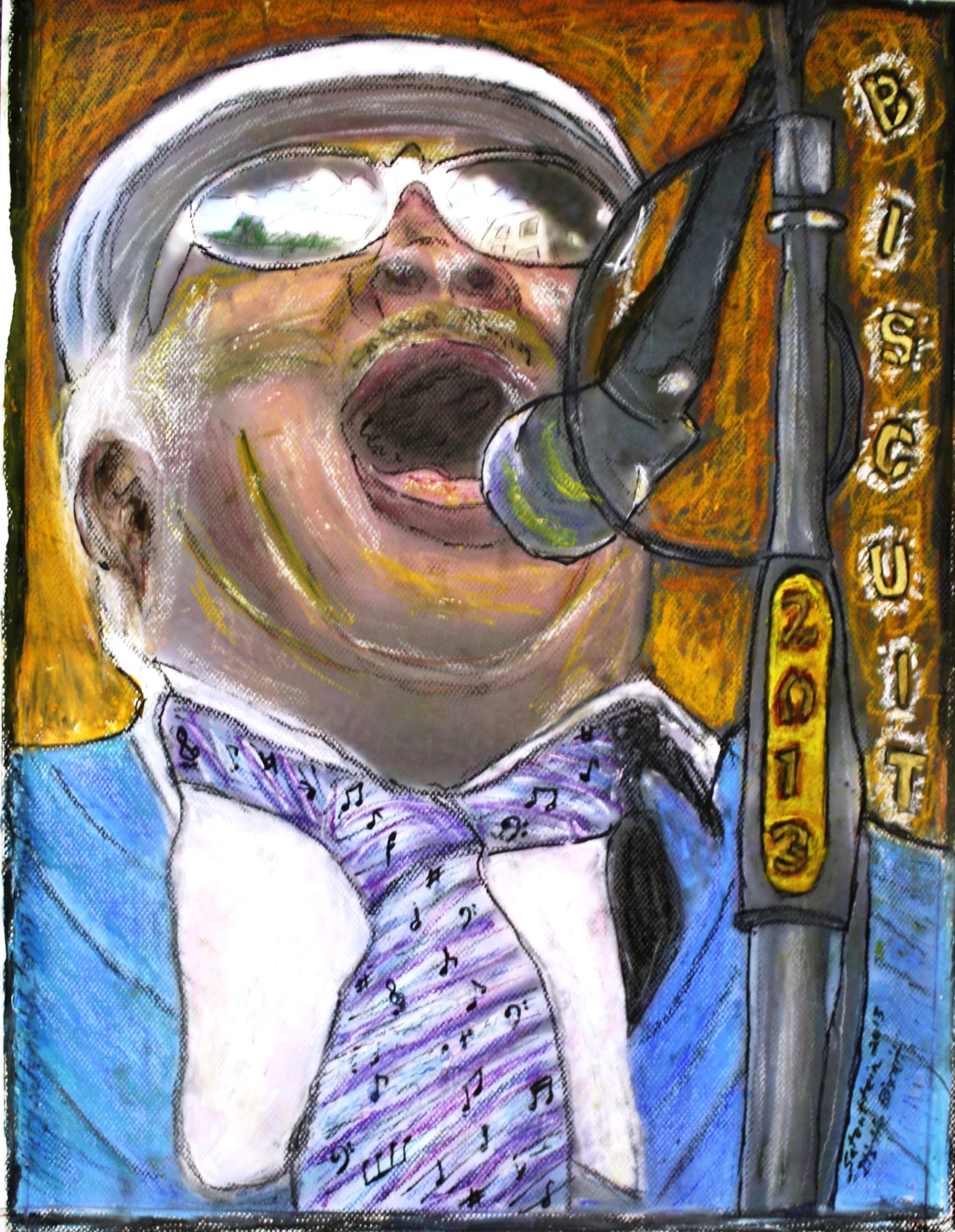 man singing into microphone with tie and sunglasses