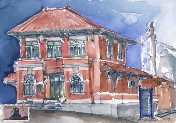 Watercolor painting of an orange two story house on a street corner.