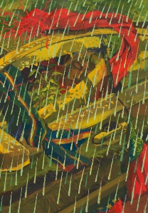 Painting of a person sleeping inside a car in the rain with their scarf caught in the car door and plants growing inside.