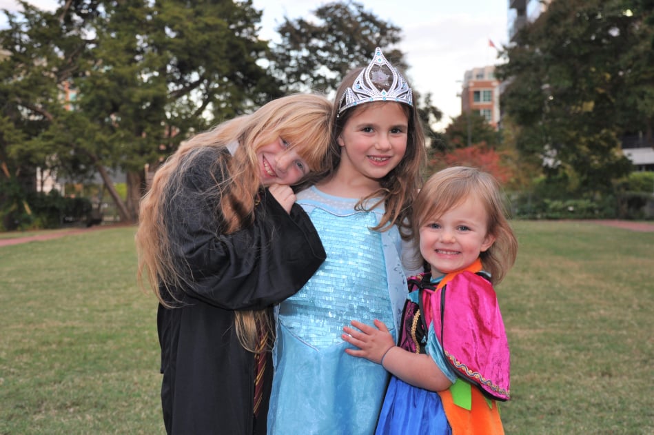 Three young girls pose together in halloween costumes.