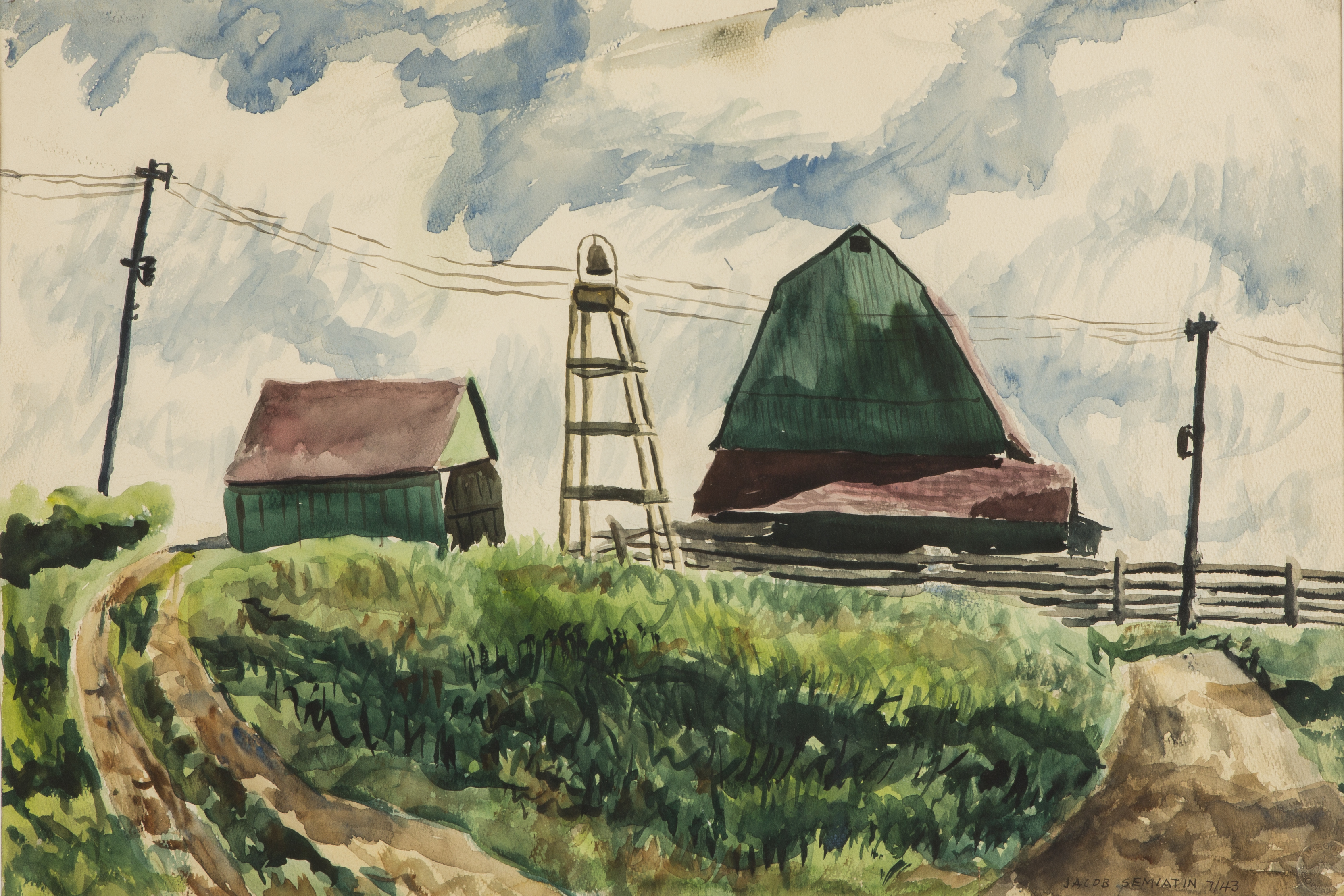 painting of farm house and barn with fence, sky, land, and telephone poles