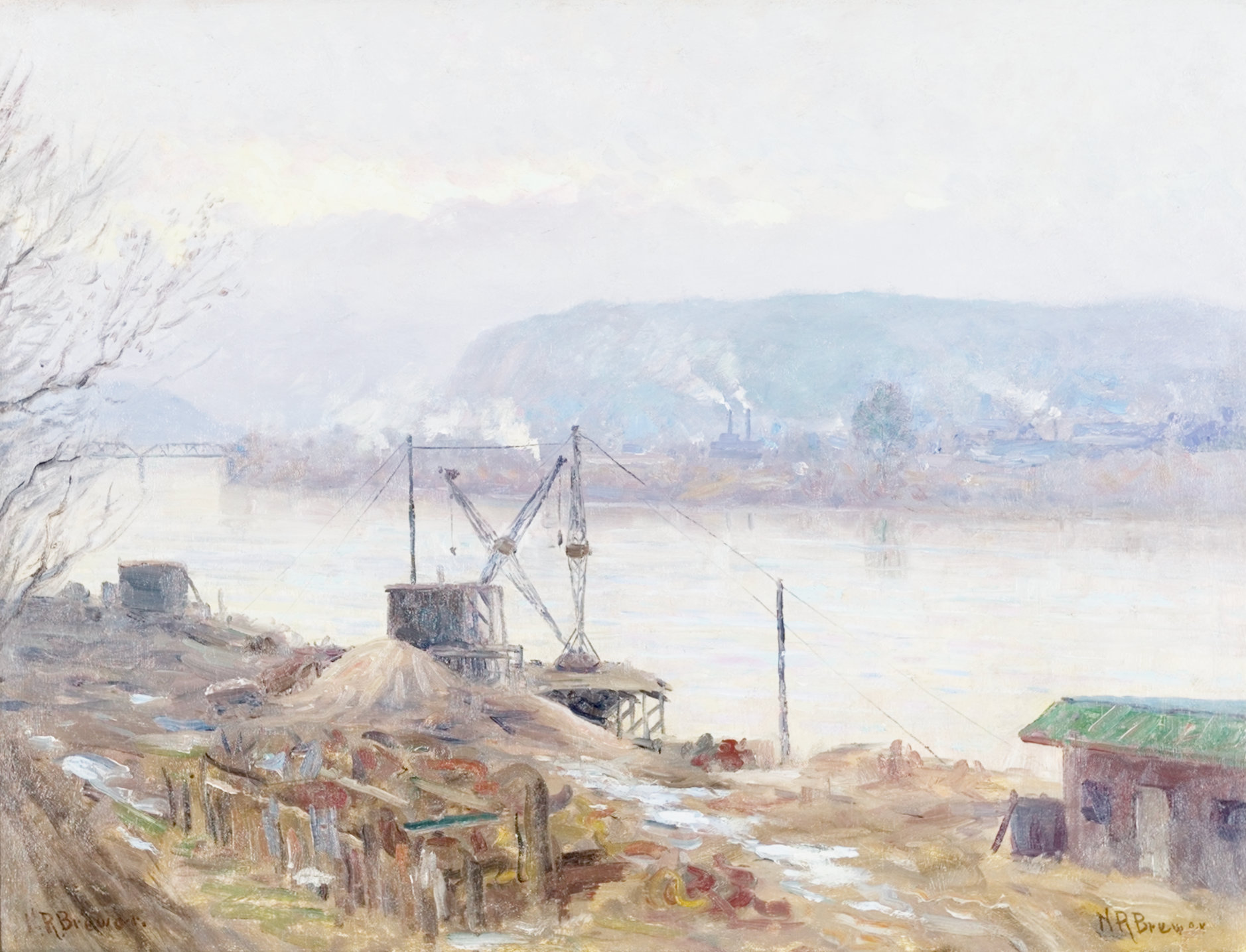 scenic painting of river with machinery 