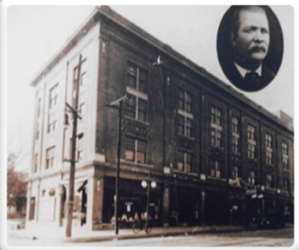 old picture of building with headshot of man