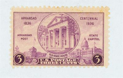 old tinted U.S. postage stamp with image of state capitol and old state house museum