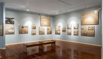 gallery room with displays on a blue wall, two benches, and wood floors