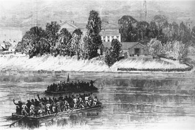 black and white drawing of people on barge on water rowing to land